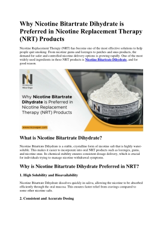 Why Nicotine Bitartrate Dihydrate is Preferred in Nicotine Replacement Therapy (NRT) Products
