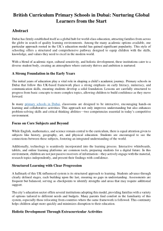 British Curriculum Primary Schools in Dubai: Nurturing Global Learners from the