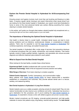 Explore the Premier Dental Hospital in Hyderabad for All-Encompassing Oral Care