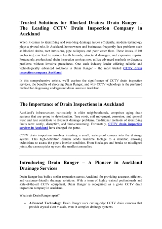 Trusted Solutions for Blocked Drains: Drain Ranger – The Leading CCTV Drain Insp