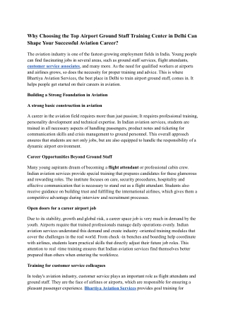 Why Choosing the Top Airport Ground Staff Training Center in Delhi Can Shape Your Successful Aviation Career