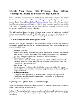 Elevate Your Home with Premium Stone Kitchen Worktops in London by Stonework Top