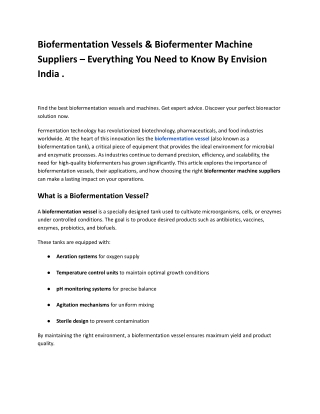 Biofermentation Vessels & Biofermenter Machine Suppliers – Everything You Need to Know By Envision India