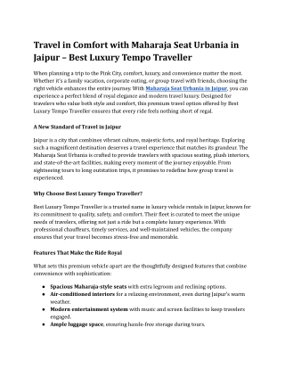 Travel in Comfort with Maharaja Seat Urbania in Jaipur – Best Luxury Tempo Traveller