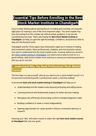 Essential Tips Before Enrolling in the Best Stock Market Institute in Chandigarh
