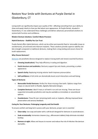 Restore Your Smile with Dentures at Purple Dental in Glastonbury, CT