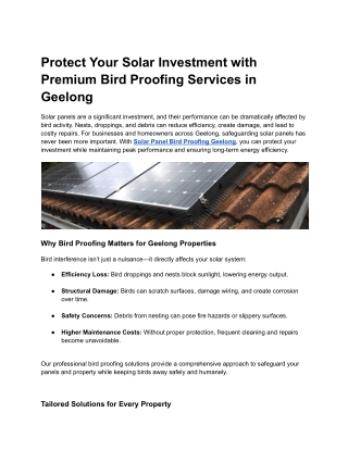 Professional Solar Panel Bird Proofing Geelong