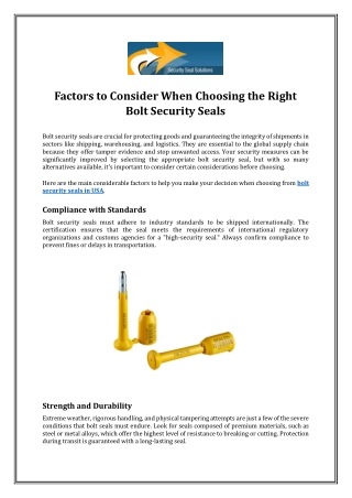 Factors to Consider When Choosing the Right Bolt Security Seals
