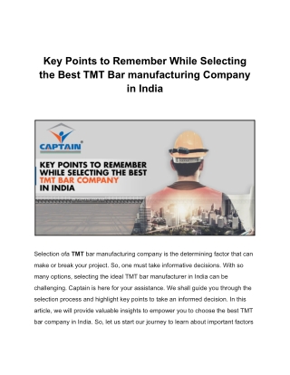Key Points to Remember While Selecting the Best TMT Bar manufacturing Company