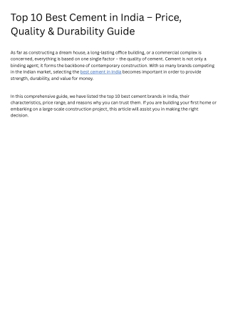 Top 10 Best Cement in India – Price, Quality & Durability Guide