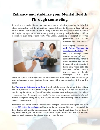 Enhance and stabilize your Mental Health Through counseling.