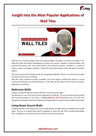 Insight Into the Most Popular Applications of Wall Tiles