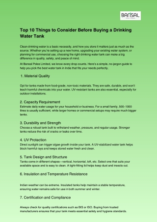 Top 10 Things to Check Before Buying a Drinking Water Tank