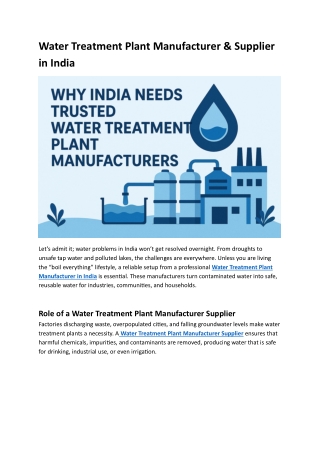 Why Choose Advance Equipment as Your Water Treatment Plant Manufacturer Supplier