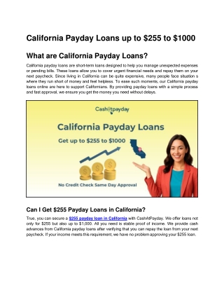 California Payday Loans up to $255 Same Day Approval