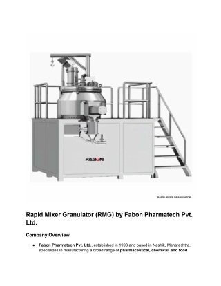 Rapid Mixer Granulator (RMG) by Fabon Pharmatech Pvt