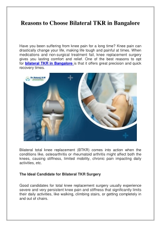 Reasons to Choose Bilateral TKR in Bangalore
