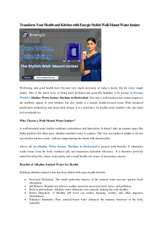 Transform Your Health and Kitchen with Energic Stylish Wall Mount Water Ionizer - Alkaline Water Ionizer Machine In Hyde