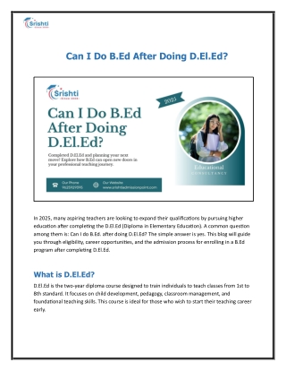 Can I Do B.Ed After Doing D.El.Ed