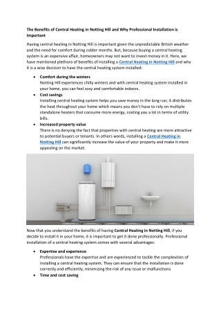 The Benefits of Central Heating in Notting Hill and Why Professional Installation is Important