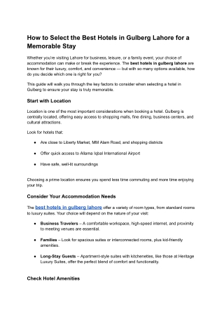 How to Select the Best Hotels in Gulberg Lahore for a Memorable Stay