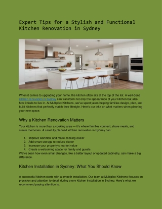 Expert Tips for a Stylish and Functional Kitchen Renovation in Sydney