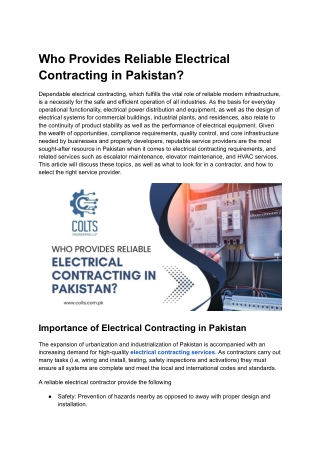 Who Provides Reliable Electrical Contracting in Pakistan