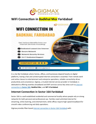 WiFi Connection in Badkhal Mor Faridabad
