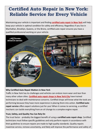 Certified Auto Repair in New York- Reliable Service for Every Vehicle