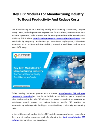 Key ERP Modules For Manufacturing Industry To Boost Productivity And Reduce Cost