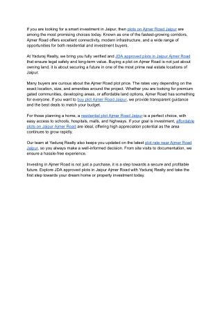 Plots on Ajmer Road Jaipur – JDA Approved Options | Yaduraj Realty