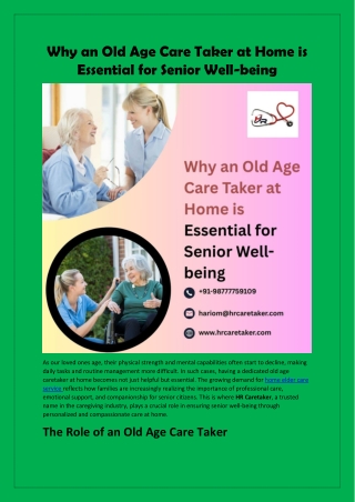Why an Old Age Care Taker at Home is Essential for Senior Well-being