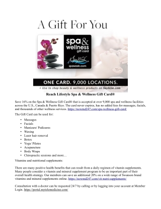 Reach Lifestyle Spa Wellness Gift Card 866-494-0313
