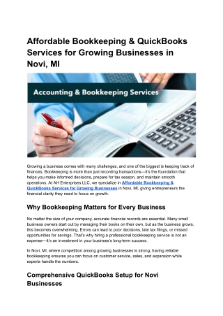 Affordable Bookkeeping & QuickBooks Services for Growing Businesses in Novi, MI