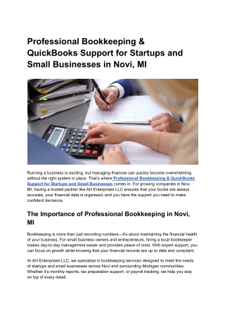 Professional Bookkeeping & QuickBooks Support for Startups and Small Businesses in Novi, MI