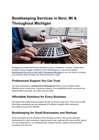 Bookkeeping Services in Novi, MI & Throughout Michigan