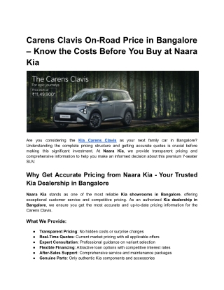 Carens Clavis On-Road Price in Bangalore – Know the Costs Before You Buy at Naara Kia