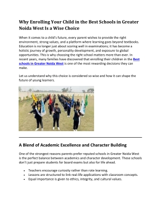 Why Enrolling Your Child in the Best Schools in Greater Noida West Is a Wise Choice