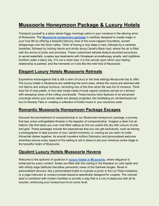 Mussoorie Honeymoon Package & Luxury Hotels