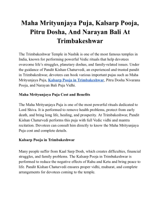 Maha Mrityunjaya Puja, Kalsarp Pooja, Pitru Dosha And Narayan Bali At Trimbakeshwar