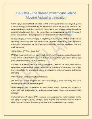 CPP Films – The Unseen Powerhouse Behind Modern Packaging Innovation