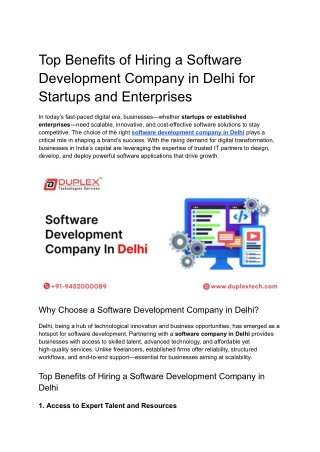 Top Benefits of Hiring a Software Development Company in Delhi for Startups and Enterprises