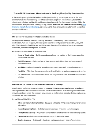 Trusted PEB Structures Manufacturer in Becharaji for Quality Construction