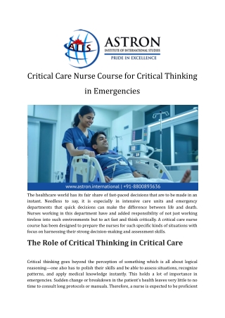 Critical Care Nurse Course for Critical Thinking in Emergencies