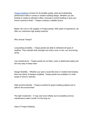 Trespa Cladding – Stylish and Durable Facades Offered by Better Life Ltd