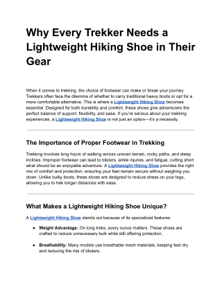 Why Every Trekker Needs a Lightweight Hiking Shoe in Their Gear