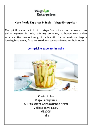 Corn Pickle Exporter In India  Visgo Enterprises