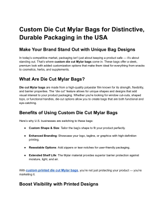 Custom Die Cut Mylar Bags for Distinctive, Durable Packaging in the USA