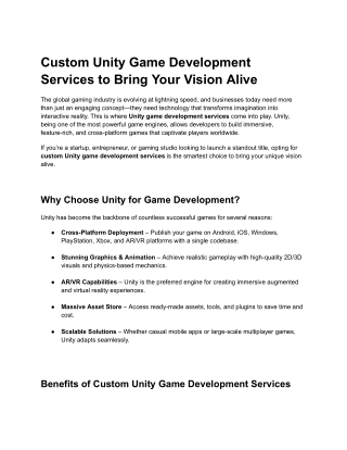 Custom Unity Game Development Services to Bring Your Vision Alive