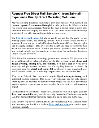 Request Free Direct Mail Sample Kit from Zairmail – Experience Quality Direct Marketing Solutions